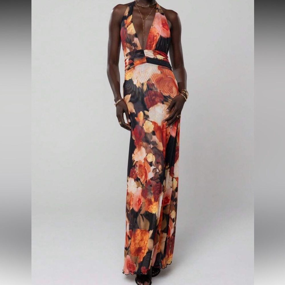 Floral Halter Maxi Dress in Orange and Black